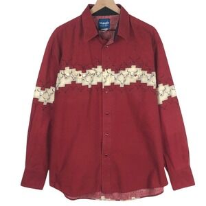 VTG WRANGLER Western Steer Skull Pearl Snap Shirt Men's 2XL XXL Red Southwestern